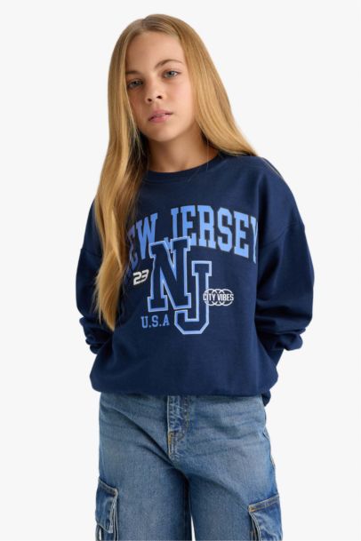 Relax Fit Bisiklet Yaka Baskılı Sweatshirt Kız Çocuk