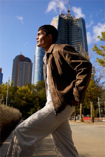 Regular Fit Gömlek Yaka Fermuarlı İç Cepli Süet Mont