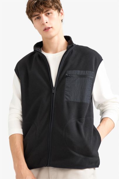 Regular Fit Stand Collar Fleece Cardigan