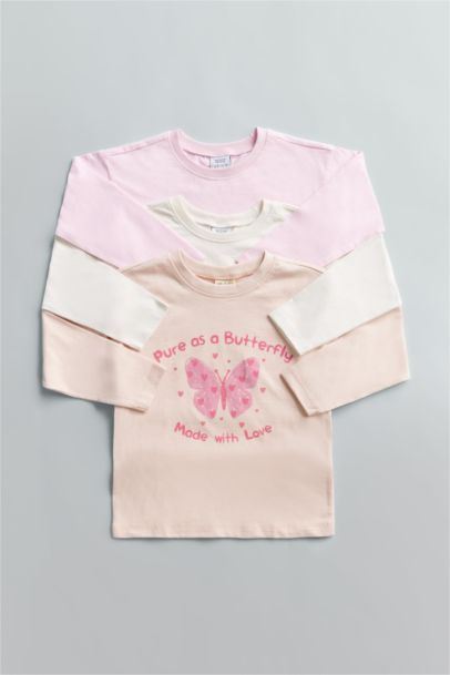 Bisiklet Yaka Kelebek Desenli Uzun Kollu Tişört Kız Bebek