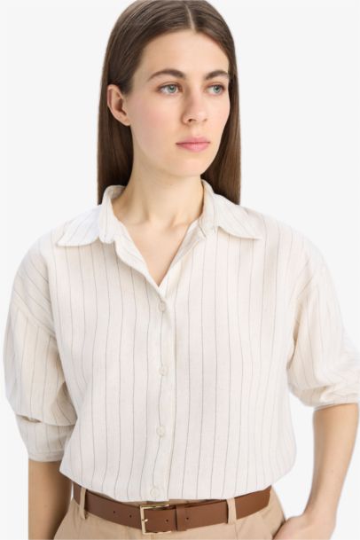 Loose Fit Striped Linen Blend Long Sleeve Shirt