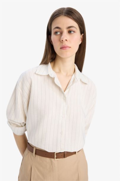 Loose Fit Striped Linen Blend Long Sleeve Shirt