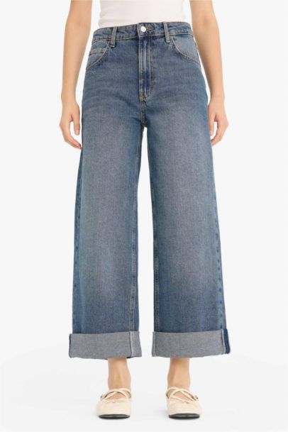 Baggy Fıt Yüksek Bel Katlamalı Paça Jean Pantolon