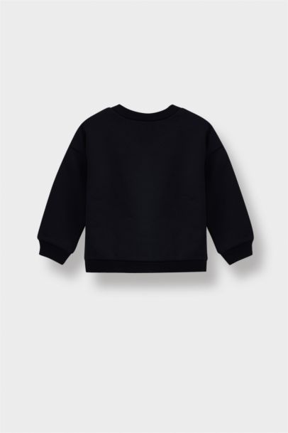 Kız Bebek Bisiklet Yaka Baskılı İçi Yumuşak Tüylü Sweatshirt