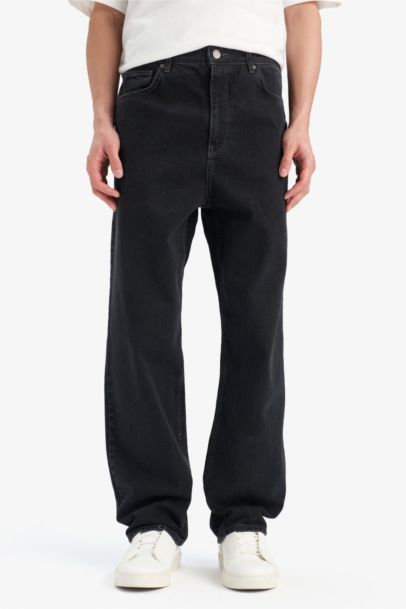 %100 Pamuk Baggy Fit Geniş Kalıp Normal Bel Geniş Paça Siyah Jean Pantolon