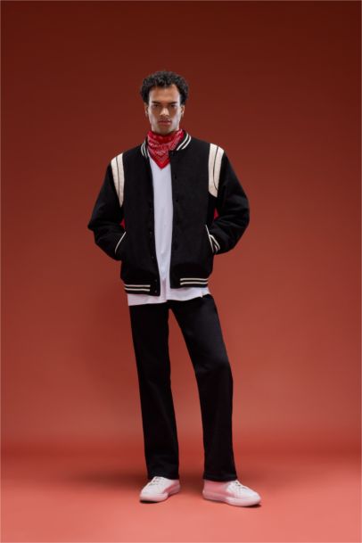 Su İtici Regular Fit Kolej Yaka Bomber Çıtçıtlı İç Cepli Mont