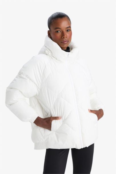 Su İtici Oversize Fit Geniş Kalıp Kapüşonlu Fermuarlı Cepli Şişme Mont