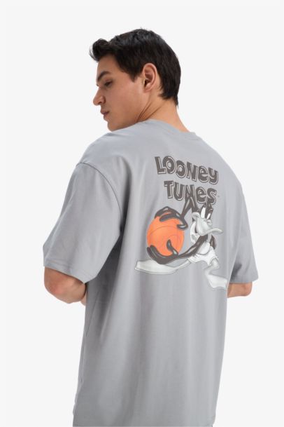 تيشيرت قطن أوفر سايز مطبوع برقبة مستديرة من لوني تونز
