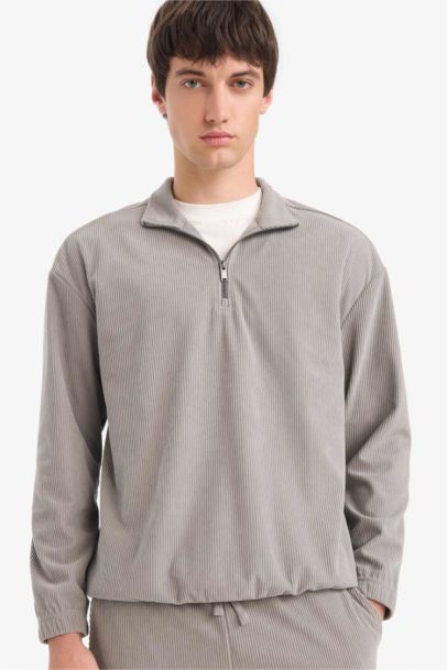 Boxy Fit Stand Collar Zippered Velvet Sweatshirt