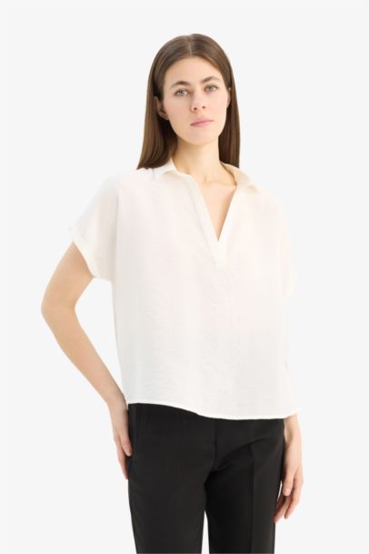 Regular Fit Shirt Collar Short Sleeve Blouse