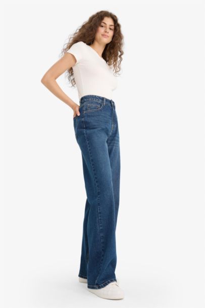 Straight Wide Leg High Waist Jean Look Trousers