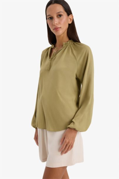 Regular Fit Bağcıklı Yaka Krinkıl Kumaş Uzun Kollu Bluz