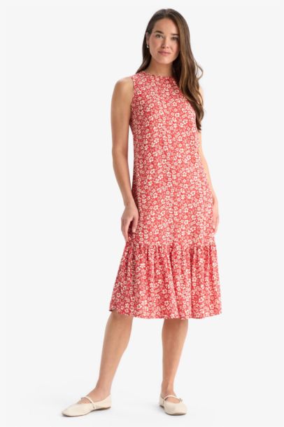 Regular Fit Crew Neck Sleeveless Floral Midi Dress