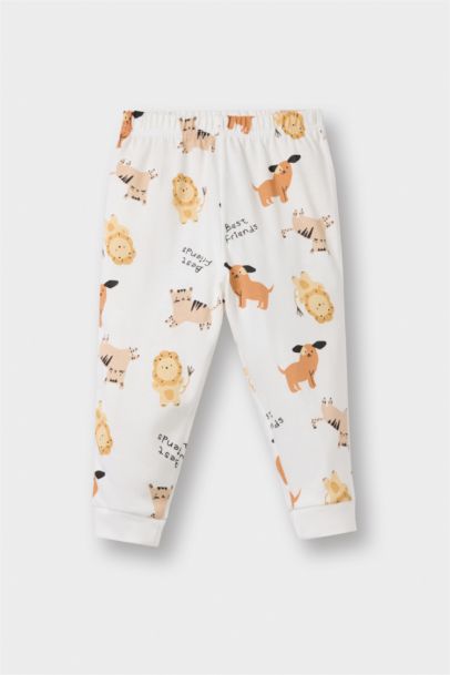 %100 Pamuklu Hayvan Desenli Beli Lastikli Pijama Takımı Erkek Bebek