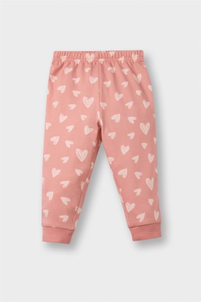 %100 Pamuklu Kalp Desenli Beli Lastikli Pijama Takımı Kız Bebek