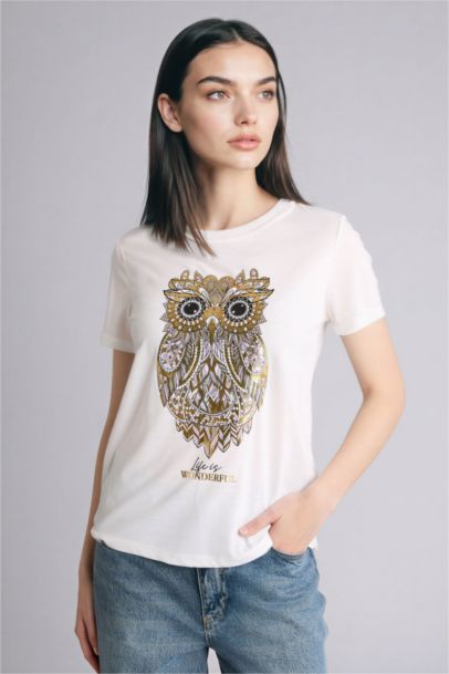 Regular Fit Crew Neck Owl Pattern Short Sleeve T-Shirt