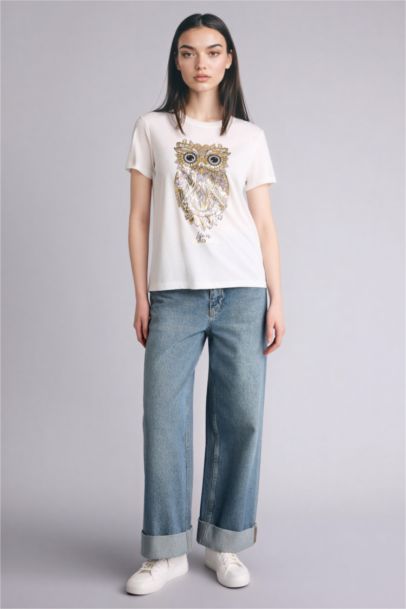 Regular Fit Crew Neck Owl Pattern Short Sleeve T-Shirt