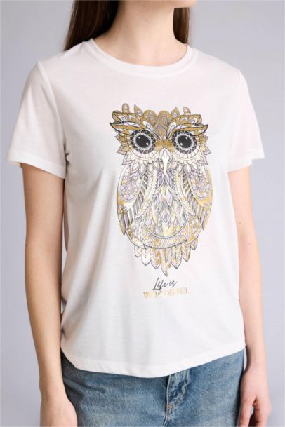 Regular Fit Crew Neck Owl Pattern Short Sleeve T-Shirt