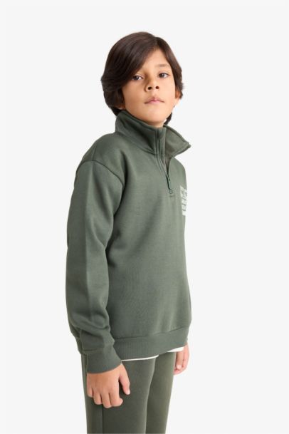 Yarım Fermuarlı İçi Yumuşak Tüylü Baskılı Sweatshirt Erkek Çocuk