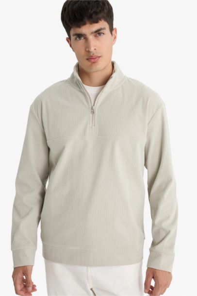 Regular Fit Half Zippered Corduroy Sweatshirt