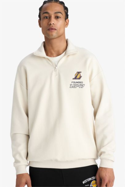 NBA Los Angeles Lakers Oversize Geniş Kalıp Dik Yaka Yarım Fermuarlı Jakarlı Sweatshirt