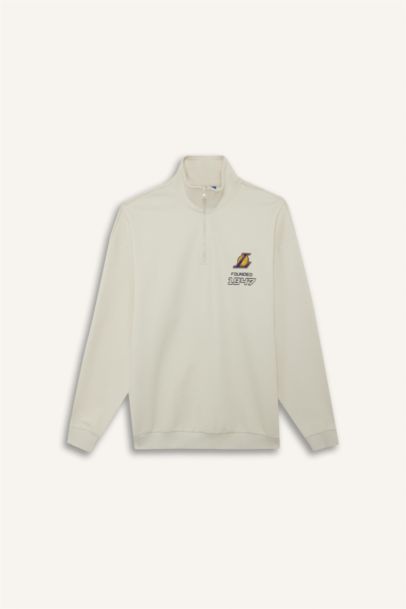 NBA Los Angeles Lakers Oversize Geniş Kalıp Dik Yaka Yarım Fermuarlı Jakarlı Sweatshirt