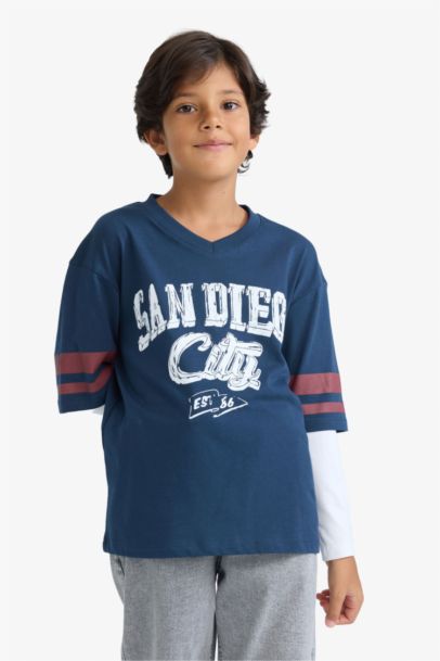 Oversize Geniş Kalıp V Yaka Baskılı Uzun Kollu Tişört Erkek Çocuk