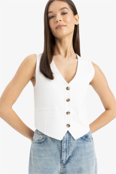 V Neck Linen Blend Vest