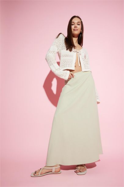 A Kesim Yüksek Bel Keten Karışımlı Maxi Etek