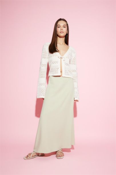 A Kesim Yüksek Bel Keten Karışımlı Maxi Etek