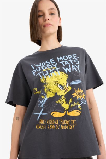 T-shirt oversize imprimé Looney Tunes à col rond et manches courtes