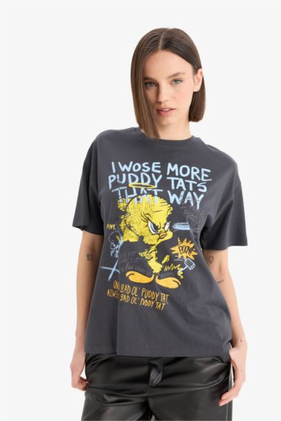 T-shirt oversize imprimé Looney Tunes à col rond et manches courtes