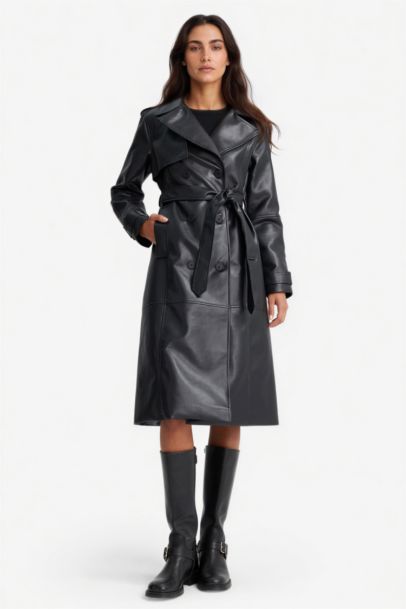 Regular Fit Suni Deri Düğmeli Cepli Uzun Trençkot 