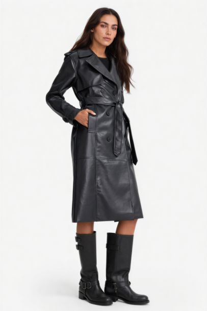 Regular Fit Suni Deri Düğmeli Cepli Uzun Trençkot 