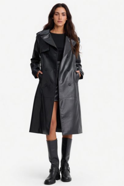 Regular Fit Suni Deri Düğmeli Cepli Uzun Trençkot 