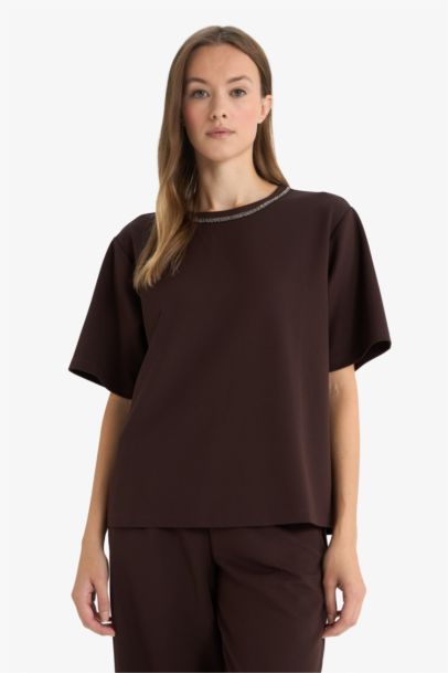 Regular Fit Crew Neck Embroidered Crepe T-Shirt