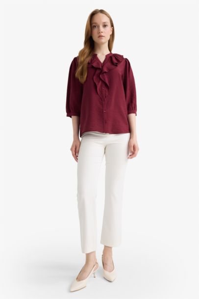 قميص كم طويل قصة عادية بياقة مستديرة