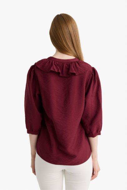 قميص كم طويل قصة عادية بياقة مستديرة