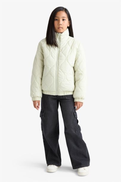 Su Geçirmez Sırt Baskılı Fermuarlı Kapitoneli Mont Kız Çocuk