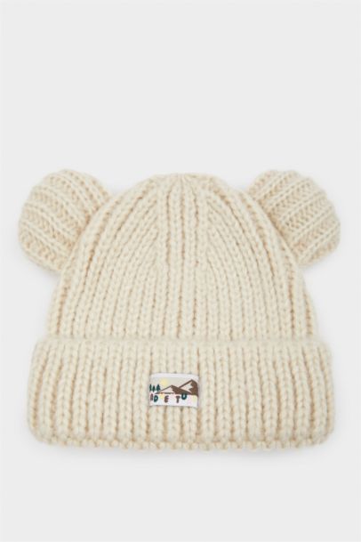 Dokuma Etiketli Kulaklı Triko Bere Kız Bebek