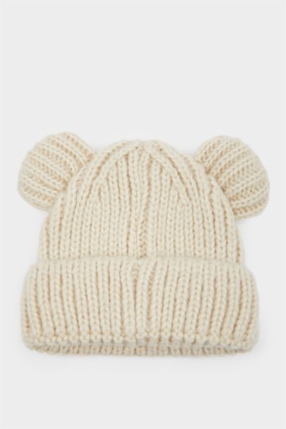 Dokuma Etiketli Kulaklı Triko Bere Kız Bebek