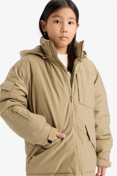 Girl Removable Faux Fur Collar Hooded Jacket