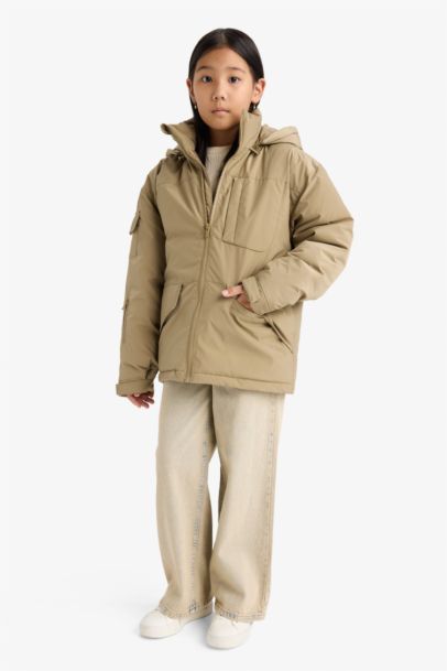 Girl Removable Faux Fur Collar Hooded Jacket