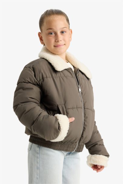 Girl Plush Collar Zippered Puffer Jacket
