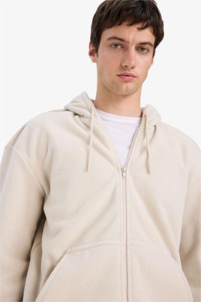 Boxy Fit Hooded Zippered Fleece Sweatshirt