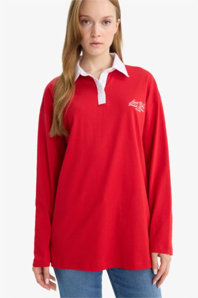 Regular Fit Polo Collar Embroidered Long Sleeve Tunic