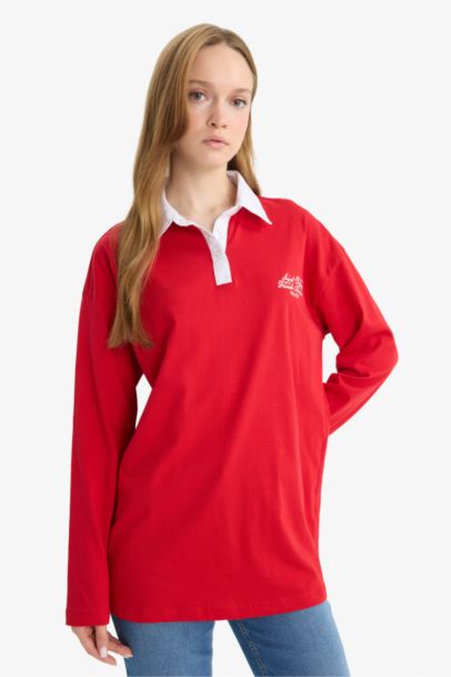 Regular Fit Polo Collar Embroidered Long Sleeve Tunic