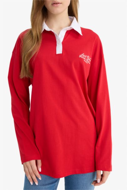 Regular Fit Polo Collar Embroidered Long Sleeve Tunic