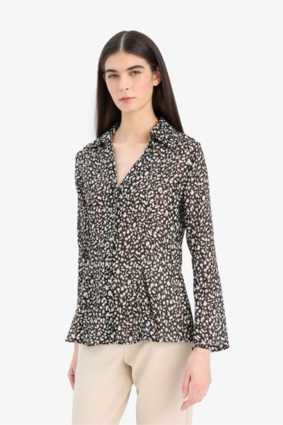 Slim Fit Shirt Collar Chiffon Printed Long Sleeve Shirt