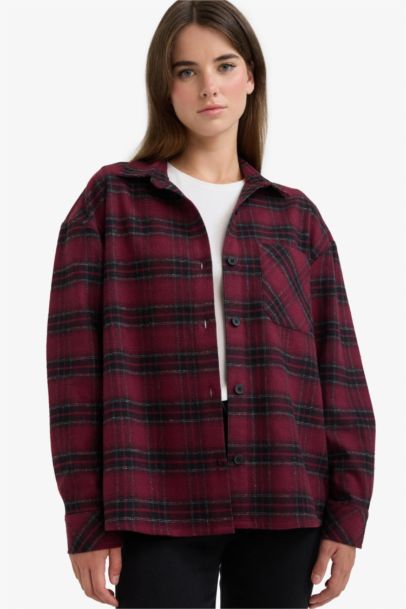 Oversize Fit Shirt Collar Flanel Plaid Long Sleeve Shirt